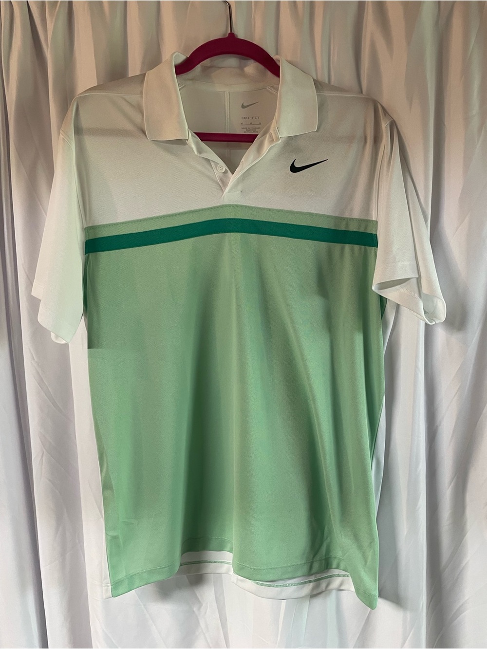 Nike Men’s White and Mint Green Striped Golf Polo